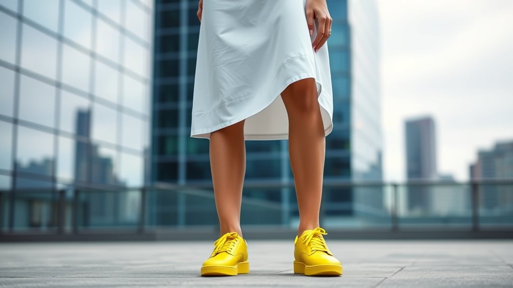 bright sneakers with solid dresses