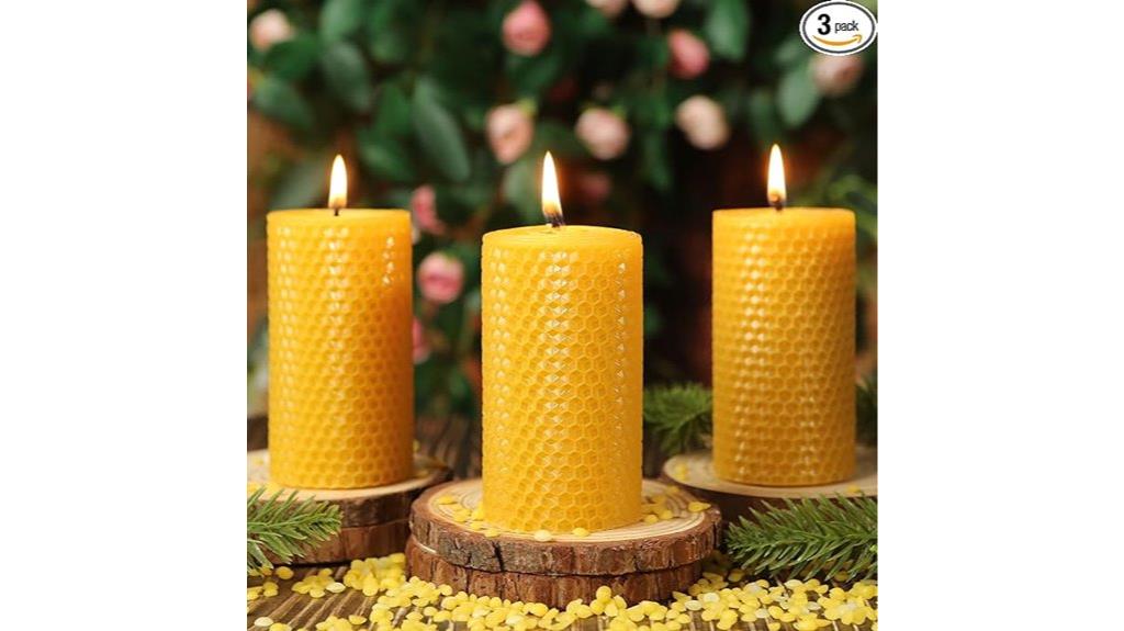 three natural beeswax candles